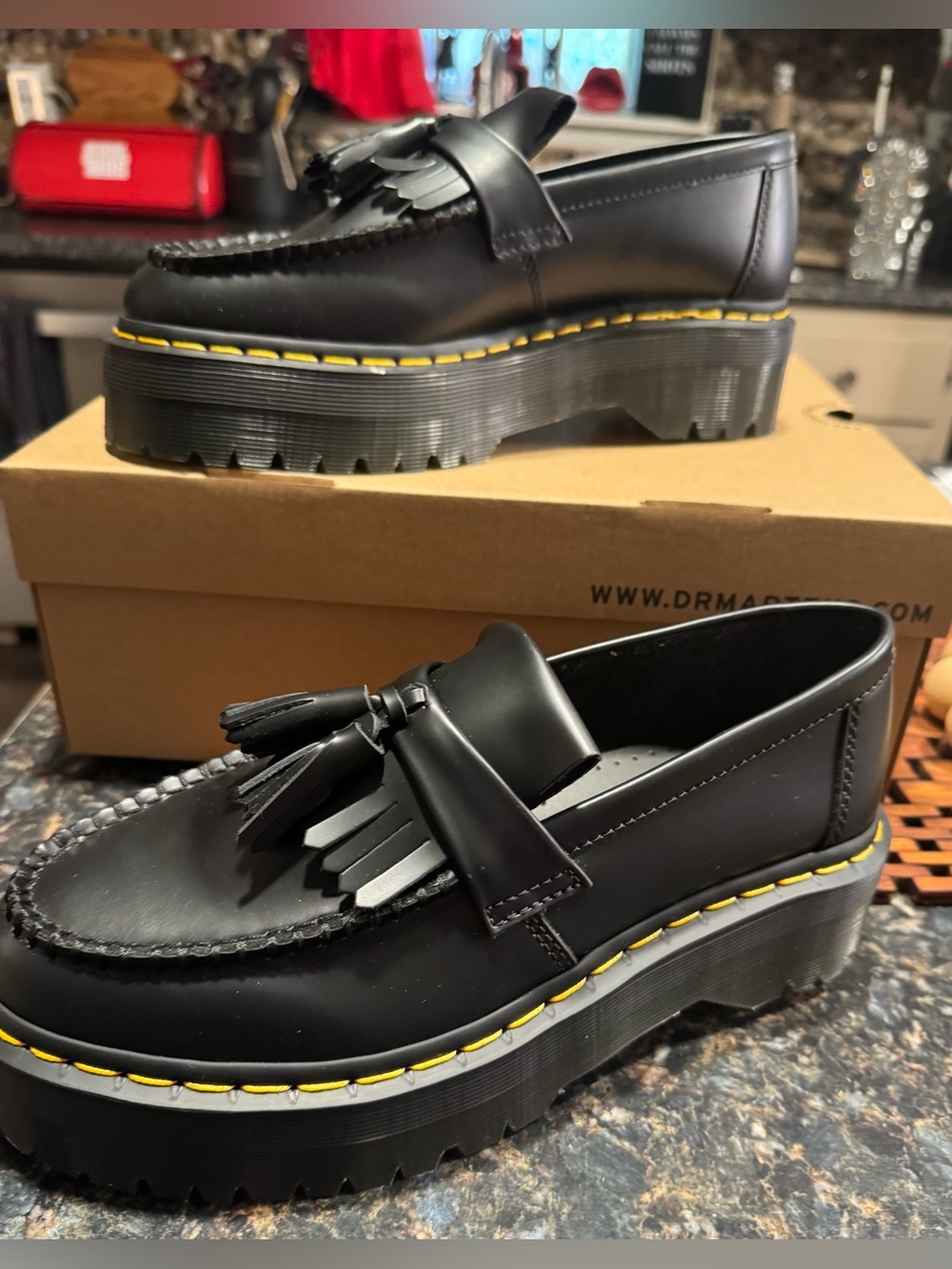 Dr. Martens Black Leather Tassel Platform Loafers with Yellow Stitching - Picture 3 of 7